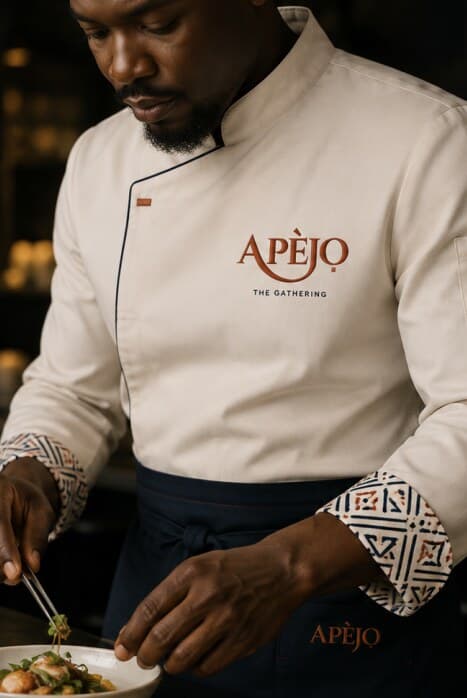The chef plating a dish in a cream Apèjọ jacket