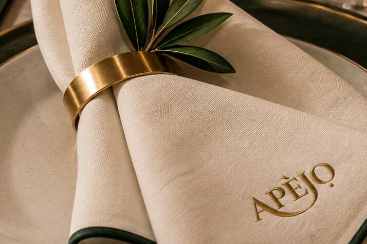 A cream napkin embroidered with the Apèjọ wordmark in a gold ring