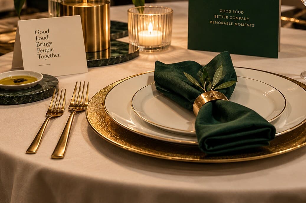 A place setting with a green napkin and a card reading Good Food Brings People Together